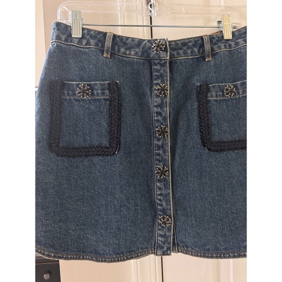 Self Portrait Skirt Button Front Pockets Embellished Blue Jean Skirt - Picture 10 of 16